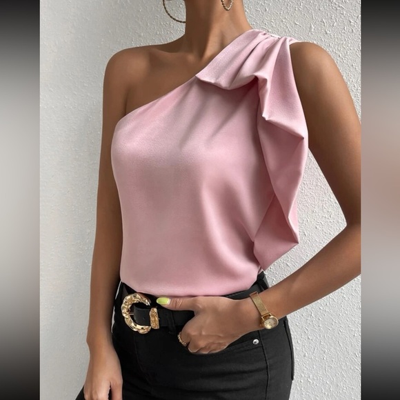 Tops - Luxe pink one shoulder satin blouse